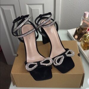 Elegant Black Strappy Heels with Rhinestone Accents
